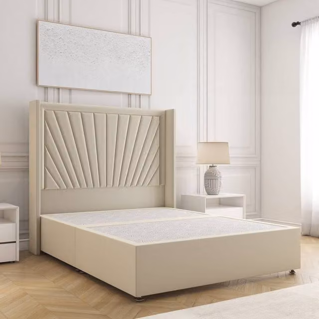 BSSPOKE Alina Super King Divan Bed with 54 inch Plush Velvet Headboard in Beige