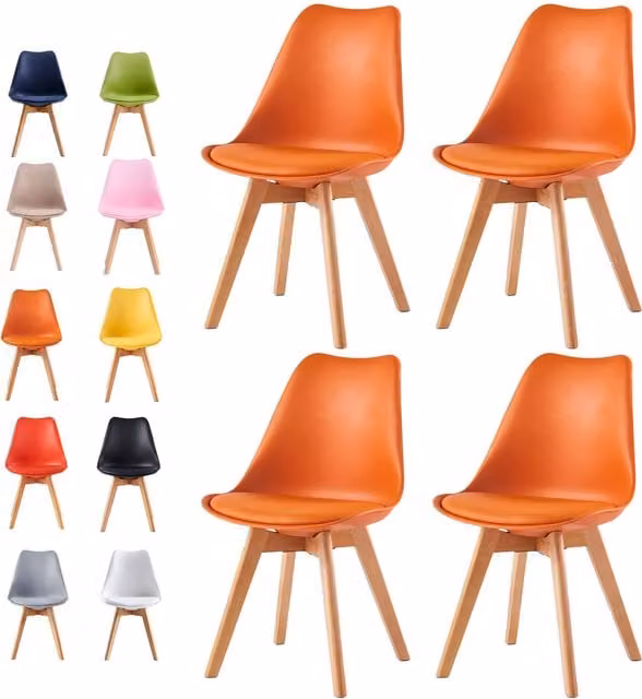 MCC Direct Eva Set of 4 Dining Chairs with Orange Padded Seats and Pine Wooden Legs