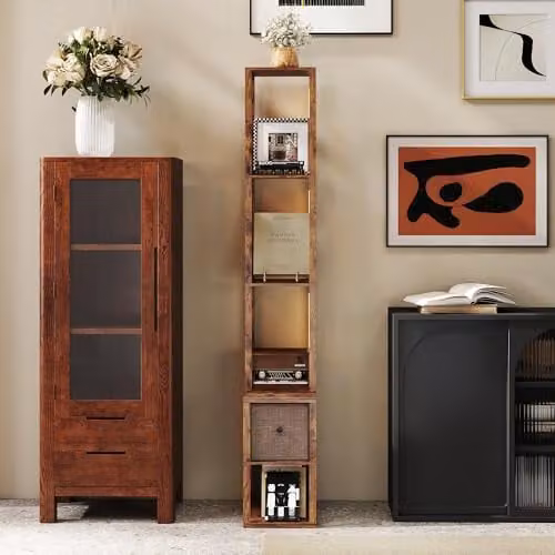 HOMCOM LED Floor Lamp with Shelves and Fabric Shade in Rustic Brown – 4