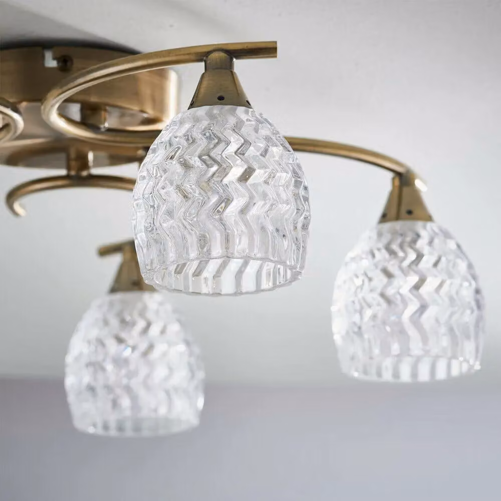 Loops Semi Flush Ceiling Light in Brass with Transparent Textured Glass, 5 Bulb Modern Pendant Shade – 2
