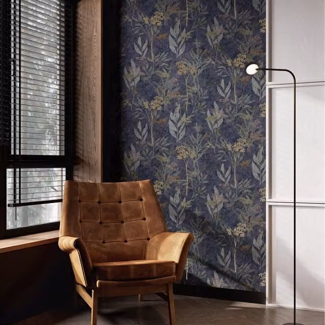 Superfresco Easy Solstice Floral Botanical Wallpaper in Navy Blue Matt Finish