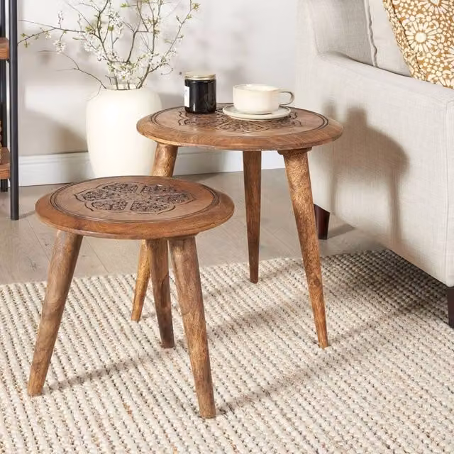 Wyld and Coco Set of 2 Round Oriental-Inspired Mango Wood Side Tables in Brown – 1