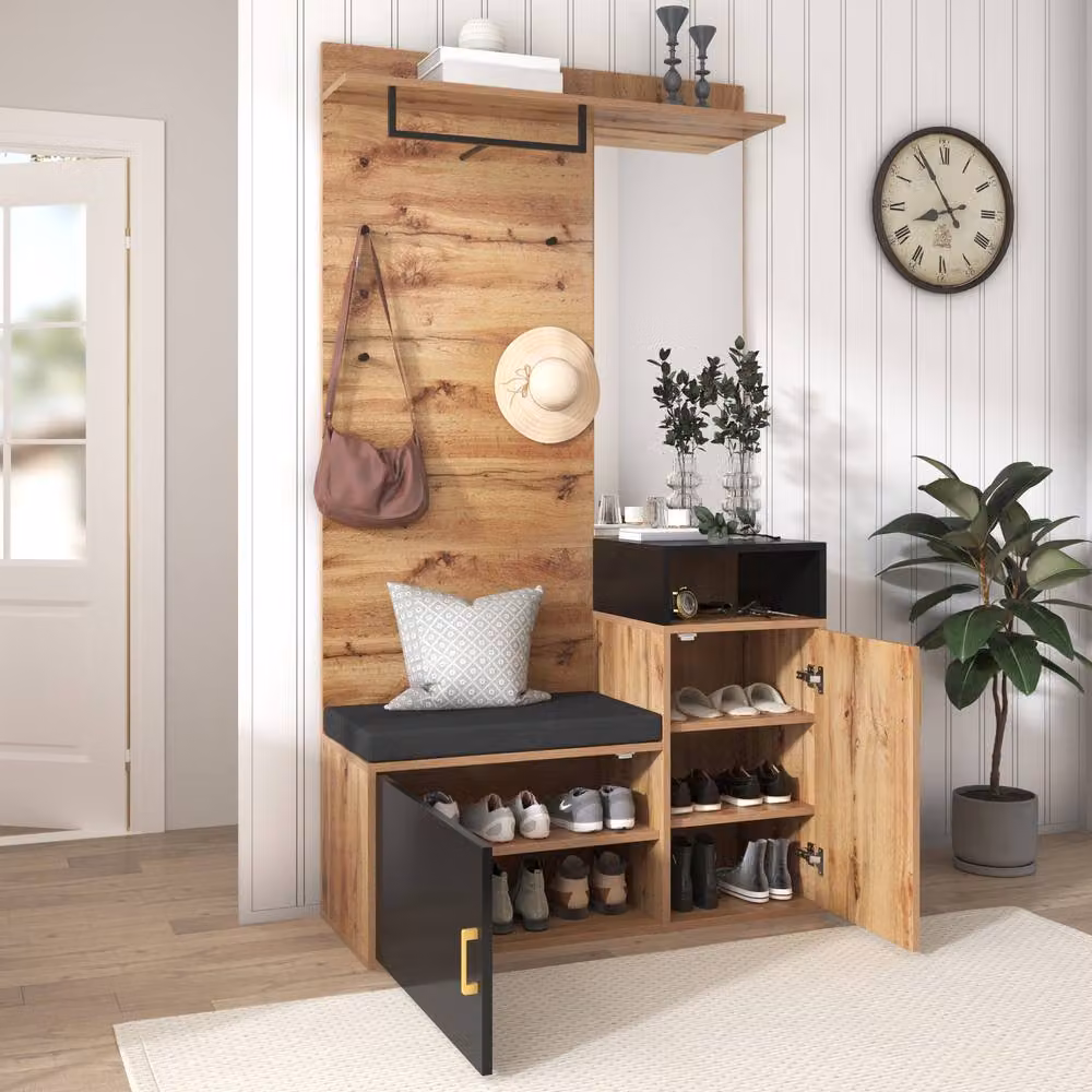 Merax Modern Hallway Storage Set with Mirror and Shoe Bench in Natural Wood Finish, H 191 x W 105 x D 40 cm – 3