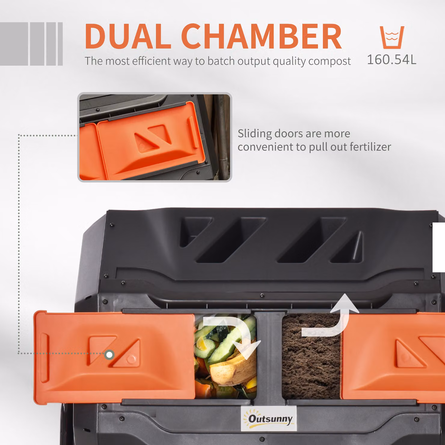 Outsunny 160L Dual Chamber 360 Degree Rotating Tumbling Compost Bin with Sliding Doors and Steel Frame, Orange – 4
