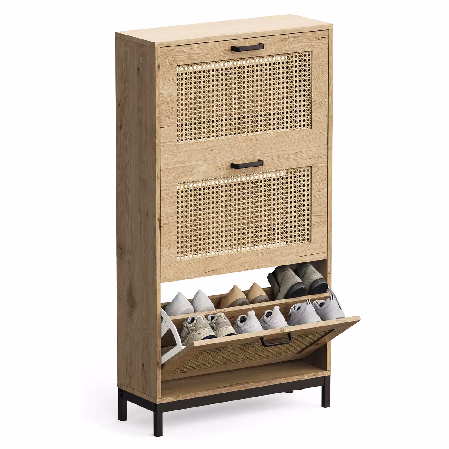 VonHaus Boho Rattan Hallway Shoe Storage Cabinet with Tilting Compartments in Sand – 2