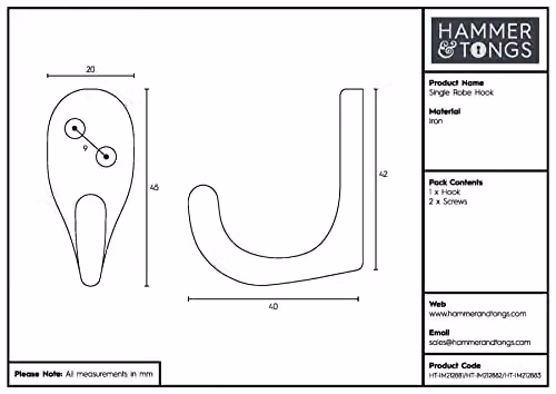Hammer and Tongs Single Robe Hook in Brass, Pack of 10, W20mm x H45mm – 4