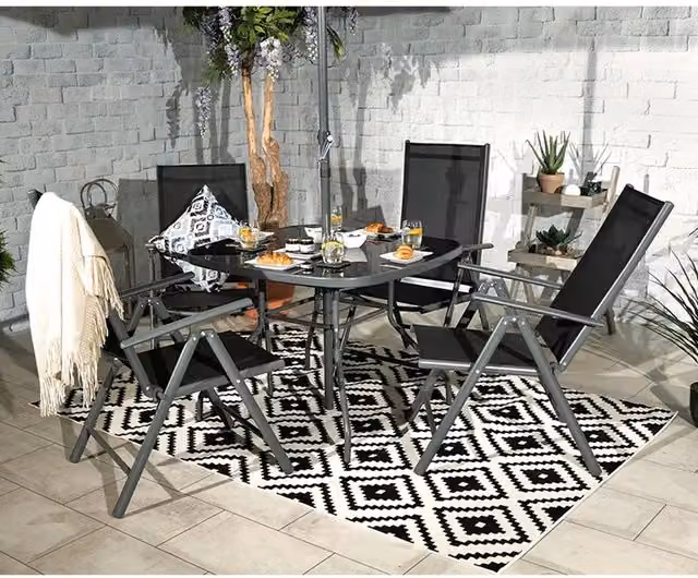 Royalcraft Rio 4 Seater Recliner Chair and Rectangular Glass Table Dining Set in Grey