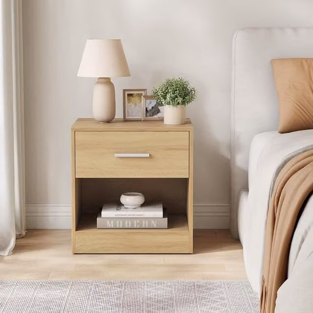 VASAGLE Bedside Table with Drawer and Open Compartment in Natural Sand and Brown – 1