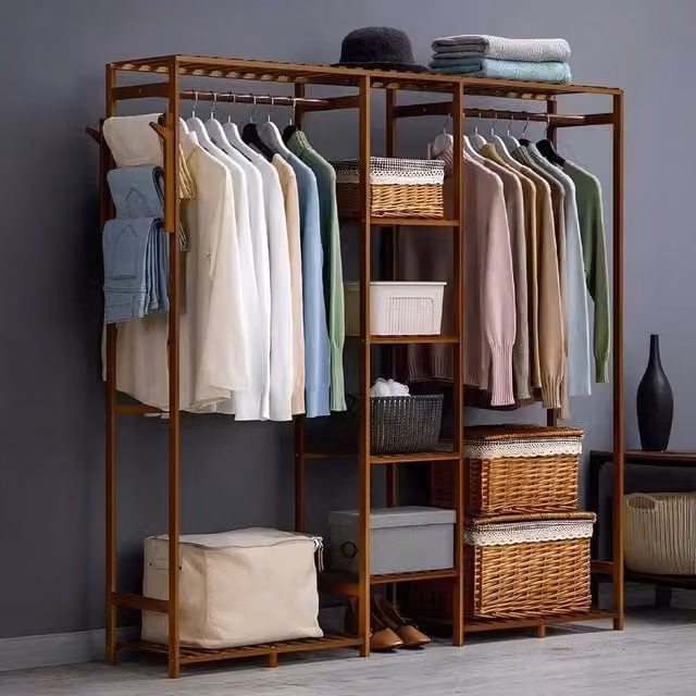 EONLION Brown Wooden Wardrobe Clothes Rail Rack, W/D/H: 153 x 30 x 146.5 cm