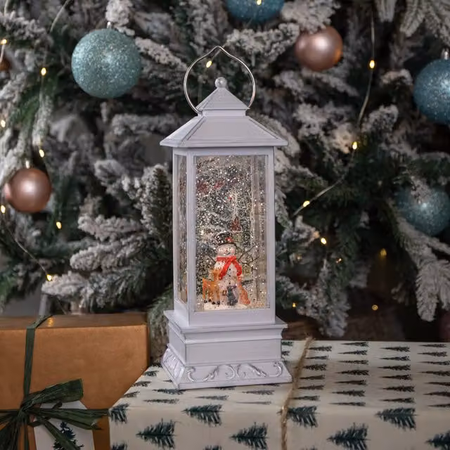 Snowtime Antique Effect Christmas Water Spinner Lantern with Snowman and Animal Scene, White and Silver, Height: 31 cm