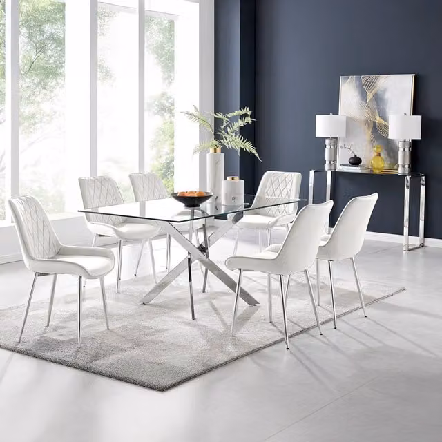 FurnitureboxUK Leonardo Dining Table with Six Pesaro Silver Leg Chairs in Cream and White