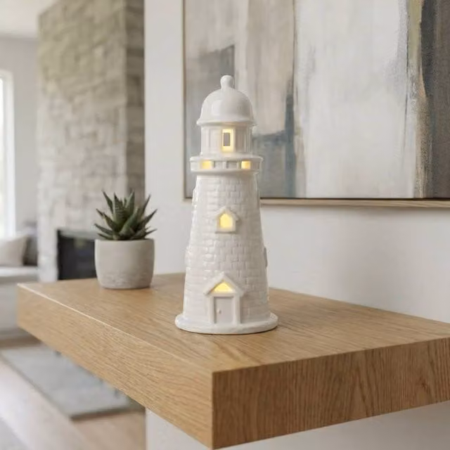 Garden Greatness Light Up Lighthouse Ornament in White and Multicolour Ceramic – 1