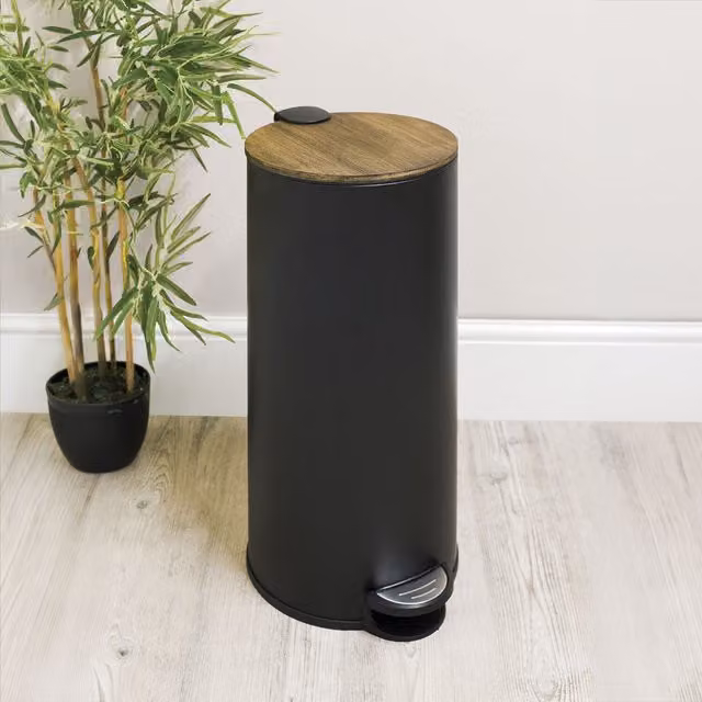 Malmo 30L Pedal Bin with Soft-Close Bamboo Lid, Black