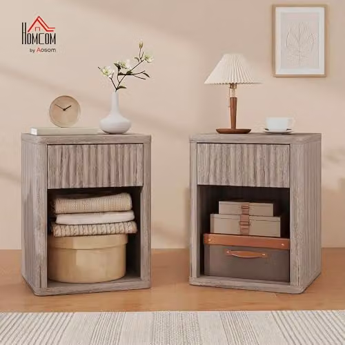 HOMCOM Set of 2 Modern Nightstands with Drawer and Open Shelf, Oak and Grey – 2