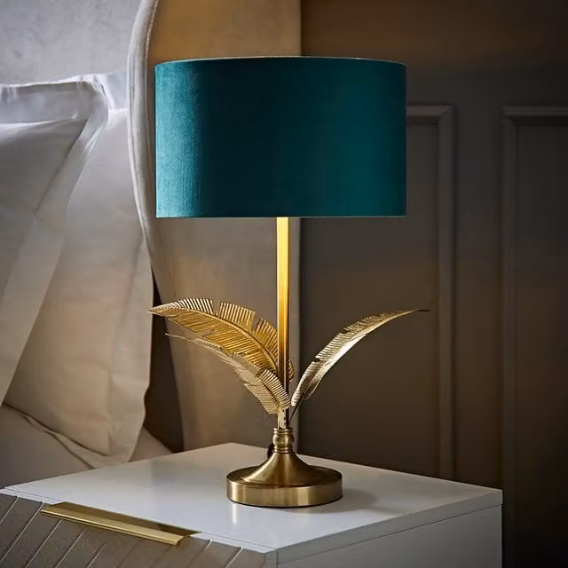 ValueLights Christina Palm Leaf Table Lamp with Green Velvet and Gold Metallic Shade and LED Bulb