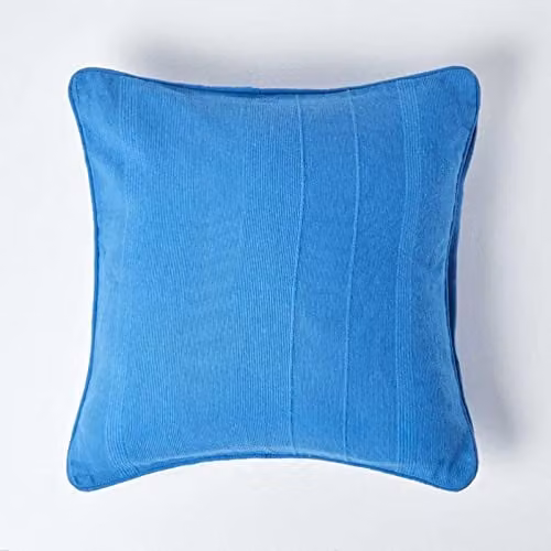 Homescapes Rajput Ribbed Cotton Cushion Cover, Blue, W/D/H: 45 x 45 x 45 cm
