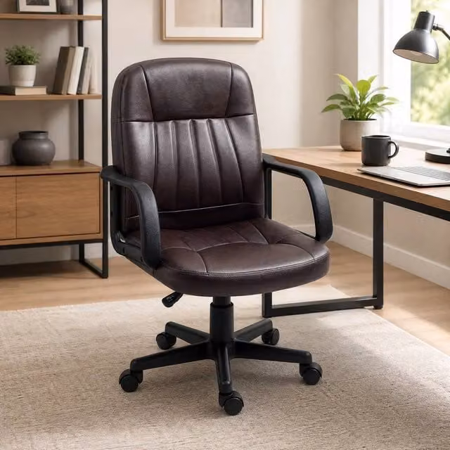 STILVORA Swivel Task Chair in Brown Synthetic Leather with Armrests and Castors – 1