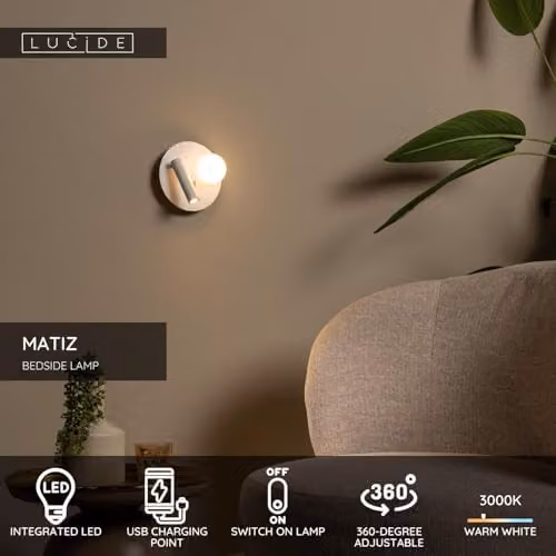 Lucide Matiz White LED Bedside and Wall Light with USB Charging Point and Warm White 3000K Light, Diameter: 16.5 cm – 2