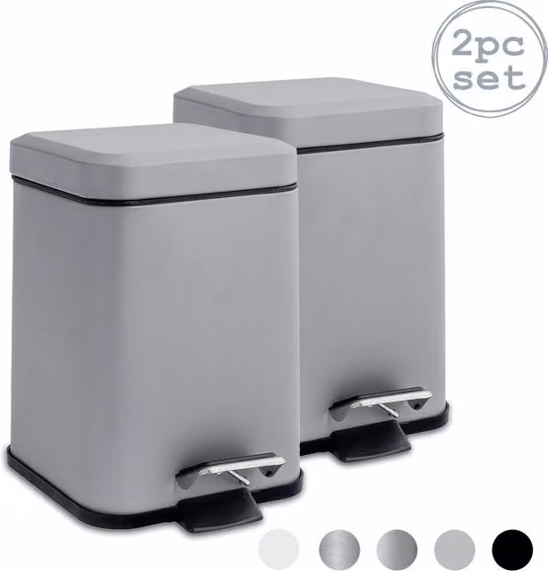 Harbour Housewares Set of 2 Square Stainless Steel Bathroom Pedal Bins in Grey