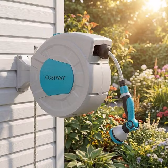 Costway Retractable Wall-Mounted Garden Hose Reel, Multicolour, 22m (20+2m) – 1