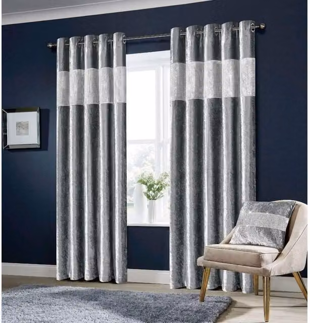 NewEdgeBlinds Silver Striped Velvet Blackout Eyelet Curtains, W: 167 cm, H: 228 cm