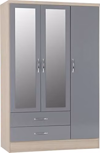 Seconique Nevada 3 Door 2 Drawer Mirrored Wardrobe in Grey Gloss and Oak