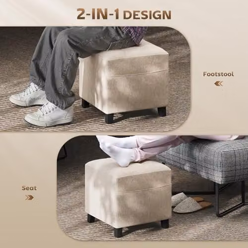 HOMCOM Square Fabric Ottoman with Side Pocket in Beige, W/D/H: 35 x 35 x 35 cm – 3