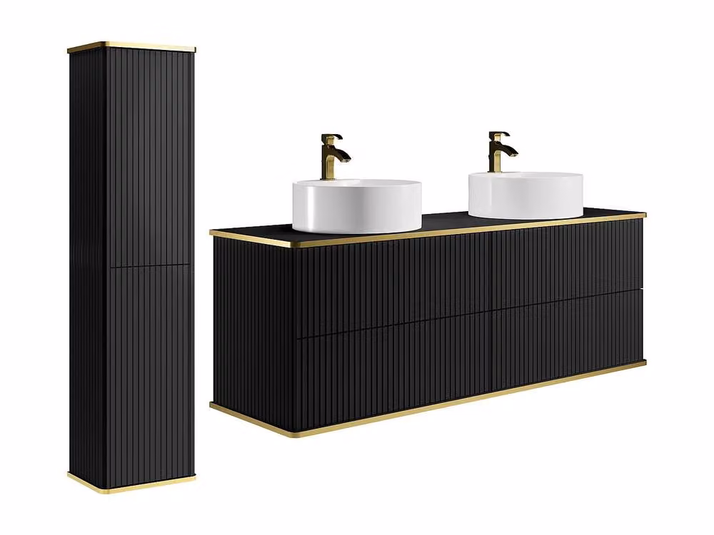 Vente-unique Suspended Ribbed Bathroom Vanity Unit with Double Round Countertop in Black and Gold – 2