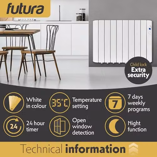 Futura 1500W White Wall Mounted Oil Filled Radiator with 24/7 Timer and Frost Protection – 3