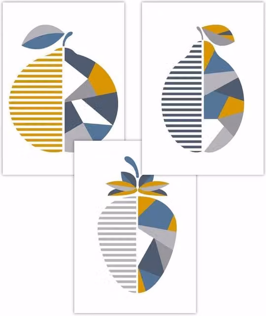 ARTZE Set of 3 Geometric Strawberry Abstract Art Posters in Blue, Yellow and Grey, W: 59 cm x H: 84 cm