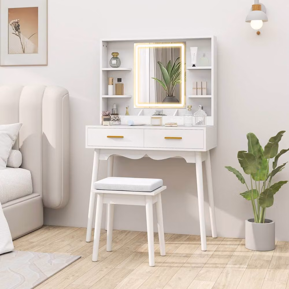 STILVORA Modern White and Gold Dressing Table with LED Mirror, Drawers and Stool – 2