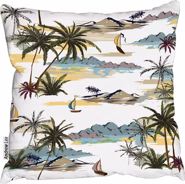 Andrew Lee Palm Trees Square Cushion in Brown and White, W/D/H: 60 x 60 x 1 cm