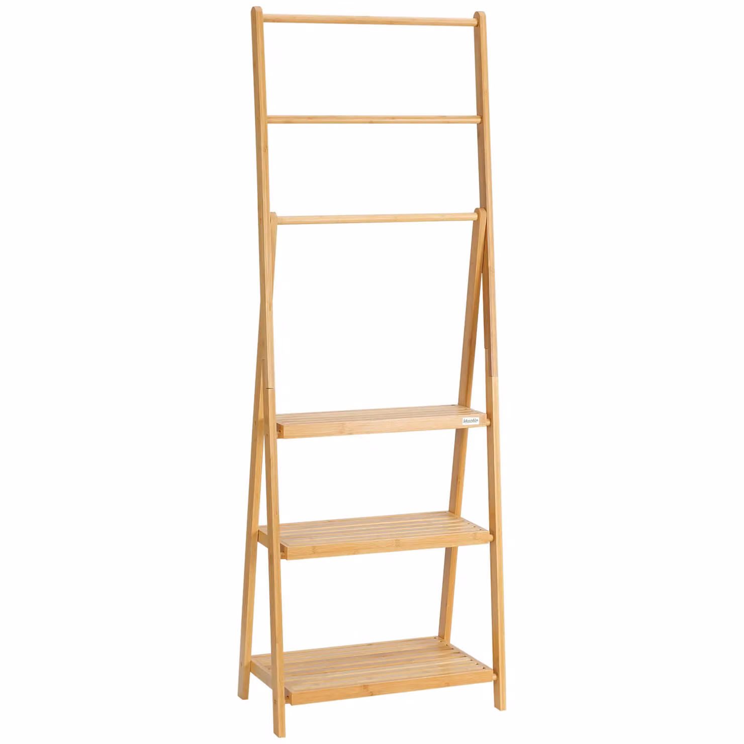 Kleankin Freestanding Foldable Bamboo Towel Rack with 3 Bars and Shelves in Light Brown – 2