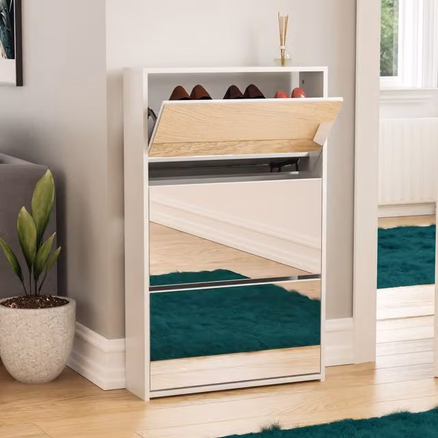 Vida Designs Modern White Mirrored Shoe Cabinet with Tilting Compartments