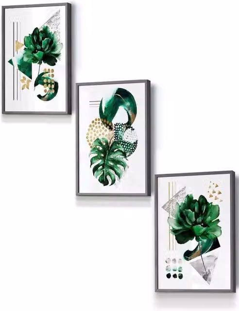 ARTZE Abstract Green Gold Botanical Framed Wall Art in Dark Grey, W: 33 cm, H: 45 cm, D: 2 cm