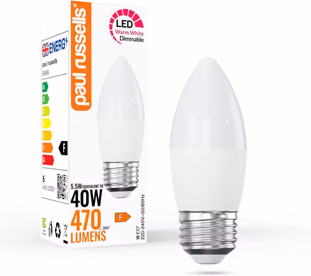 Paul Russells 5.5W Dimmable LED Candle Bulb, E27, 470lm, 2700K Warm White