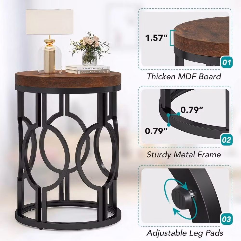 FORGEVIO Industrial Round End Table and Small Nightstand in Brown – 3