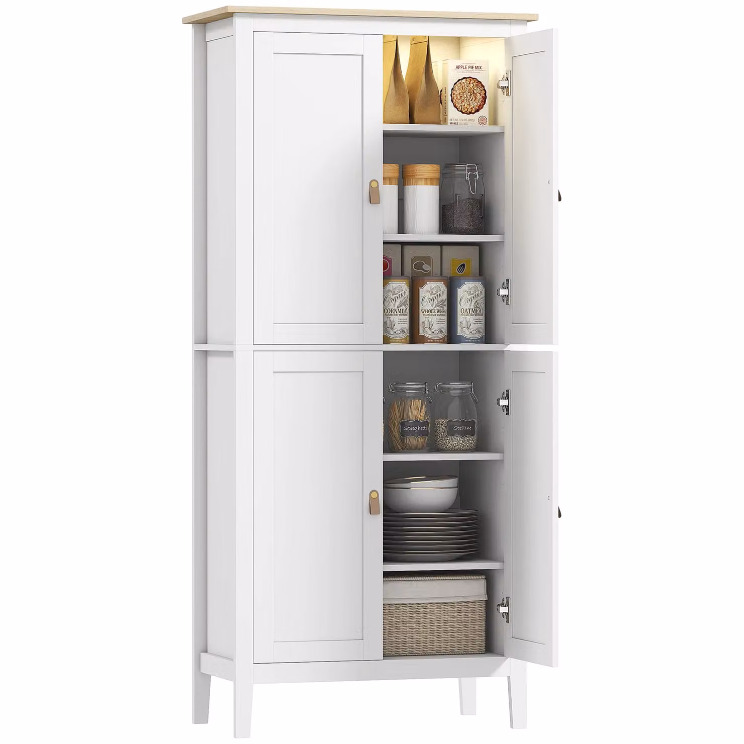 HOMCOM Modern White Freestanding Pantry Storage Cabinet with Integrated Lighting and 4 Doors, H 176.5 x W 80 x D 40 cm – 2