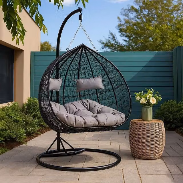 Orsina Black Polyrattan Double Hanging Egg Chair with Grey Cushions and Metal Stand – 1