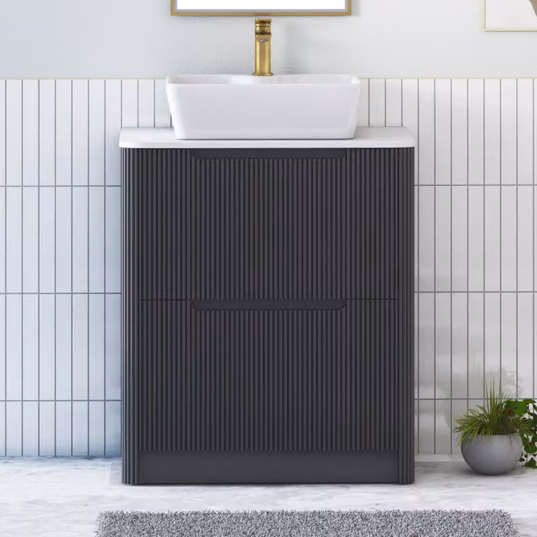 Royal Bathrooms Avenza 600mm Matt Obsidian Black Floor Standing 2 Drawer Vanity Unit with Plain White Worktop and Cube Basin