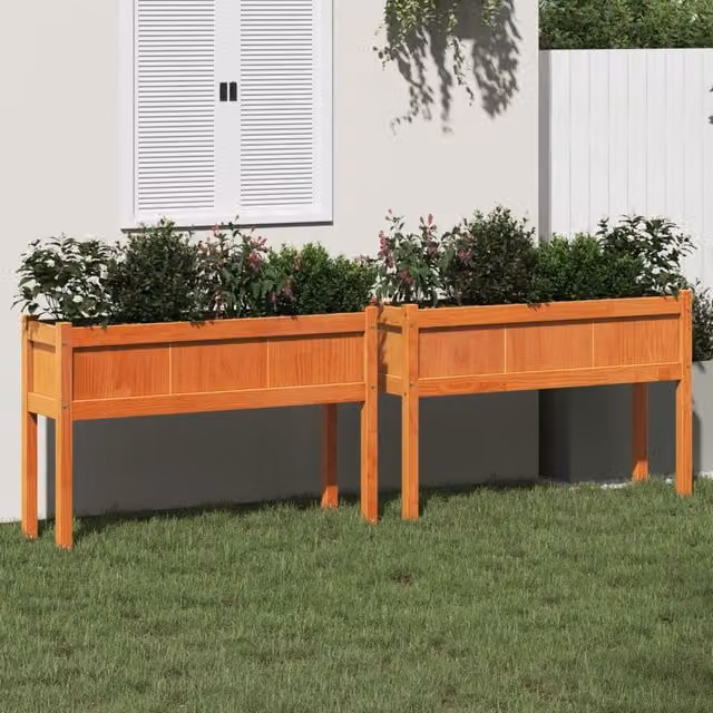 Berkfield Home Set of 2 Rustic Waxed Brown Solid Pine Garden Planters with Legs – 1