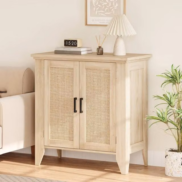 VOGREX Rattan and Wood Sideboard Buffet Storage Cabinet in Beige