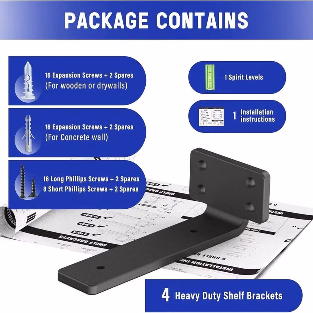 VOGREX Heavy Duty Black Cast Iron Wall Mounted Shelf Brackets – 3