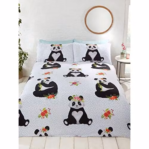 Rapport Home Panda Polycotton Duvet Cover and Pillowcase Set, Blue and White, W/D/H: 135 x 200 cm – 1