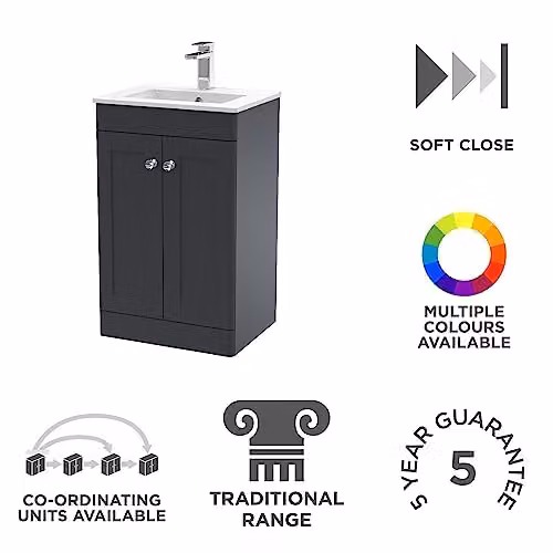 nuie Classique Traditional Bathroom Floor Standing 2 Door Unit and Minimalist Ceramic Basin, Soft Black, W: 50.5 cm, H: 81.8 cm, D: 39.5 cm – 2