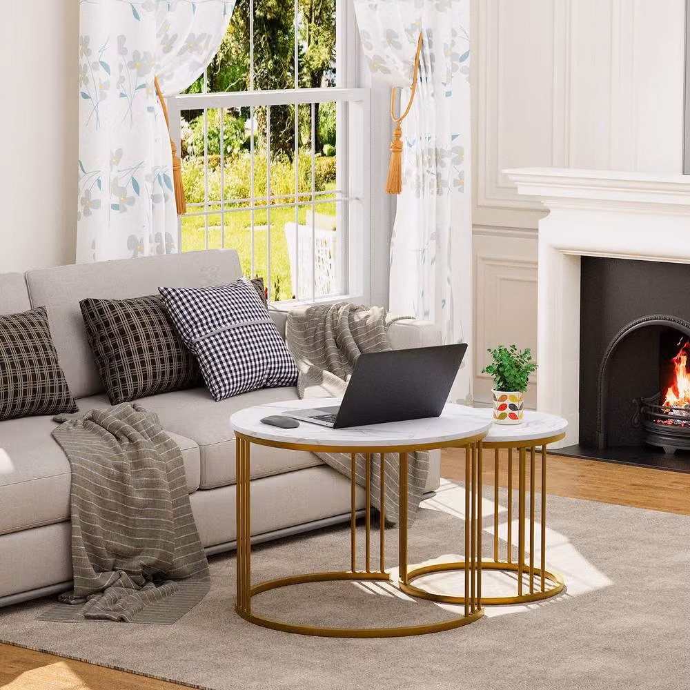 Huhote Set of 2 Round Nesting Side Tables with Gold Metal Frame and Marble Finish Top – 3