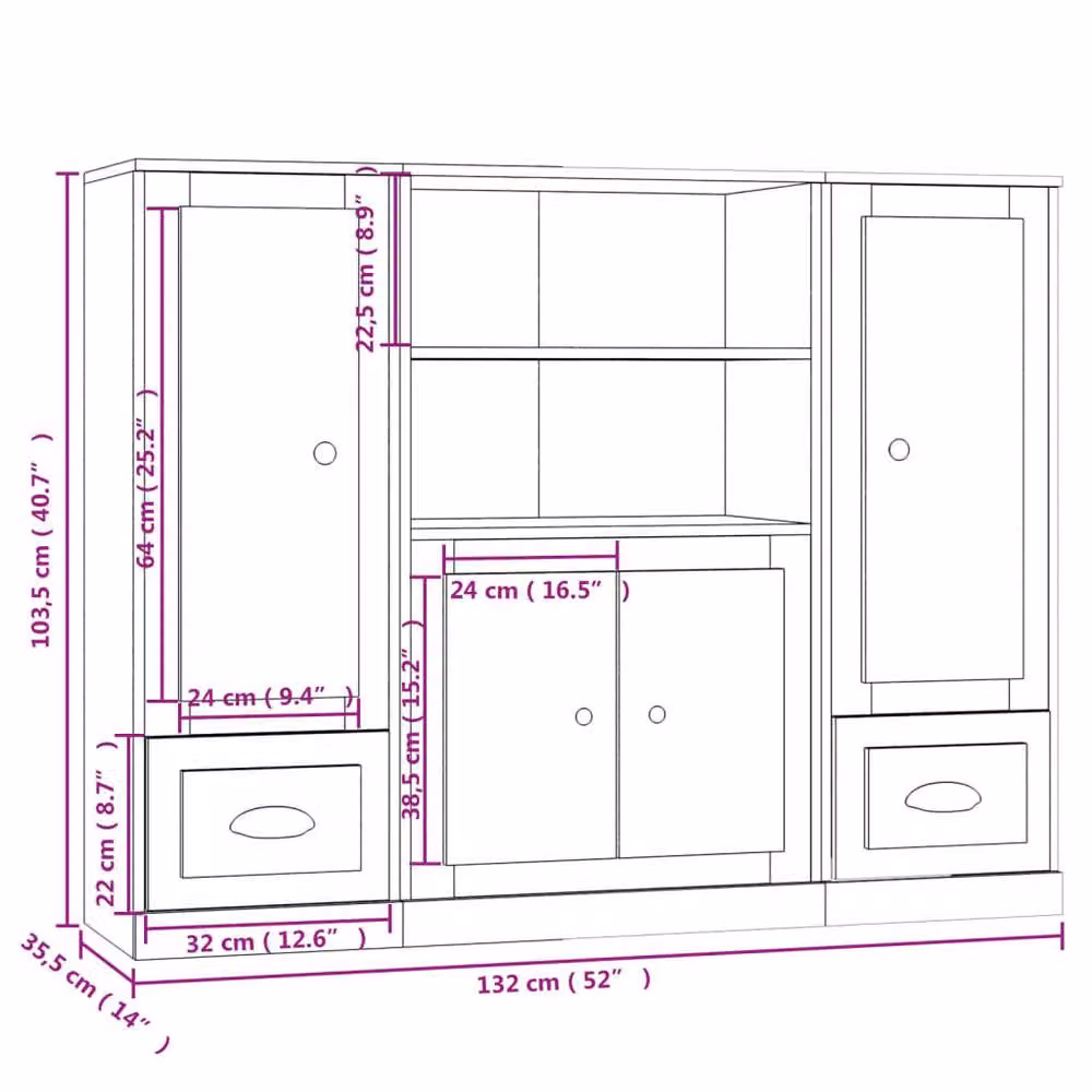 Berkfield Home 3-Piece Sonoma Oak Highboard Set in Light Tan Beige – 2
