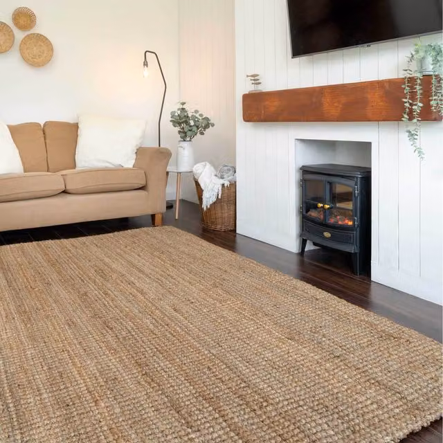 The Rug House Chunky Boucle Natural Jute Rustic Area Rug in Warm Beige, W: 330 cm, D: 240 cm