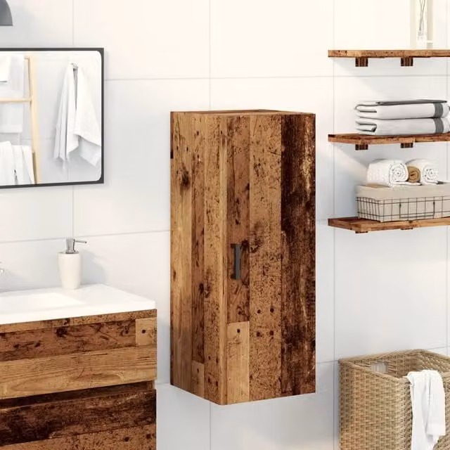 Berkfield Home Wall Mounted Cabinet in Old Wood Brown, W/D/H: 34.5 x 34 x 90 cm