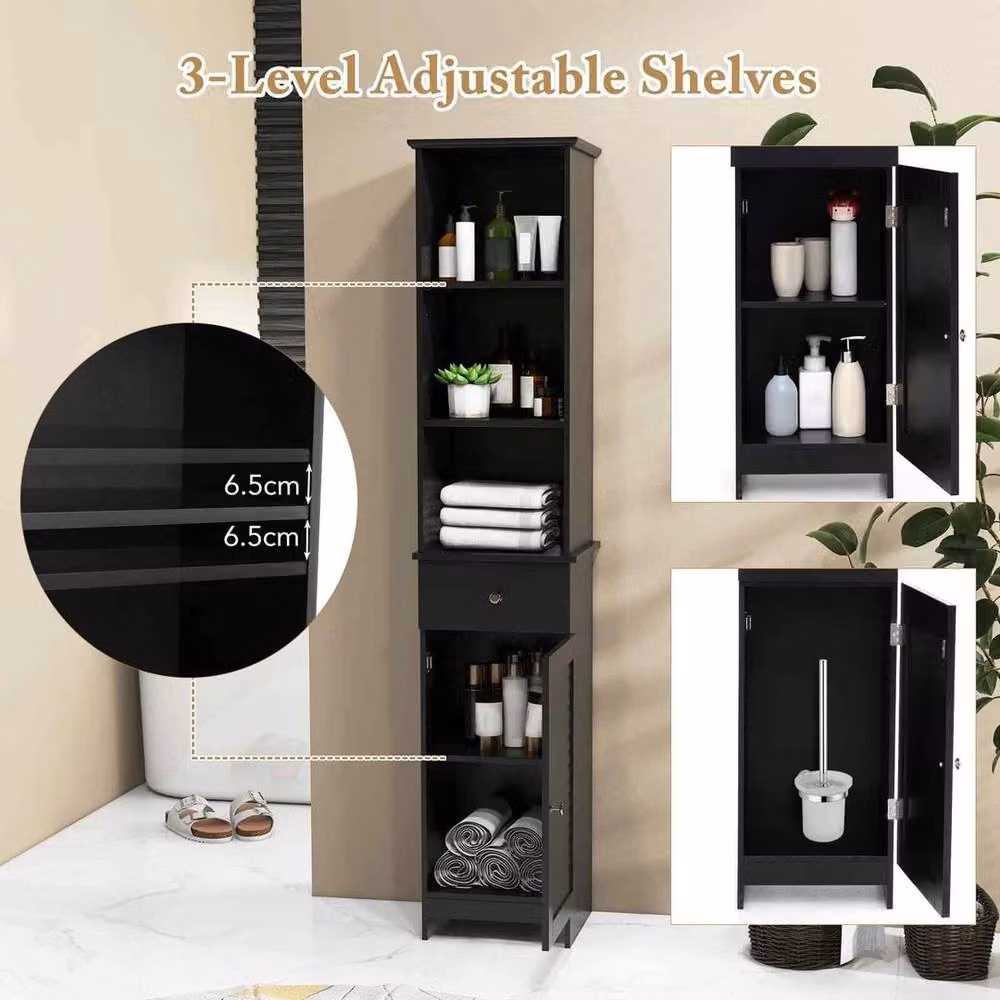 FLAVORA Black Matt Modern Freestanding Bathroom Organizer with Hinged Doors and Internal Shelves, Height: 164 cm, Width: 30 cm, Depth: 30 cm – 5